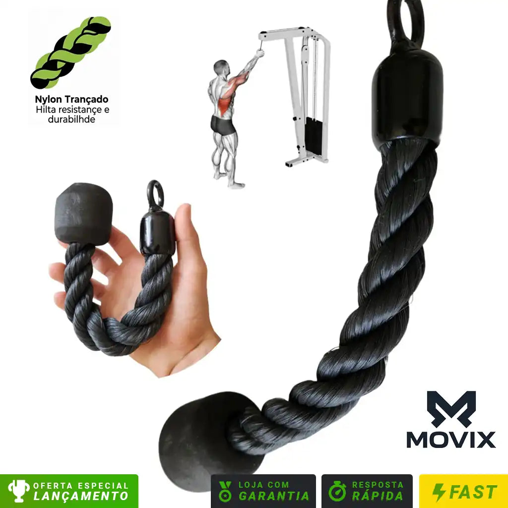 Corda Tríceps Unilateral MOVIX 33cm Nylon Trançado e Ponteira Ergonômica