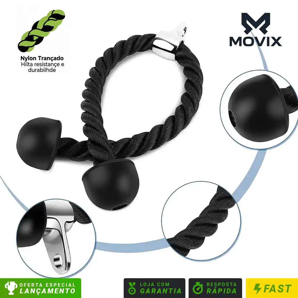 Corda Tríceps Unilateral MOVIX 70cm Nylon Trançado e Ponteiras Ergonômicas